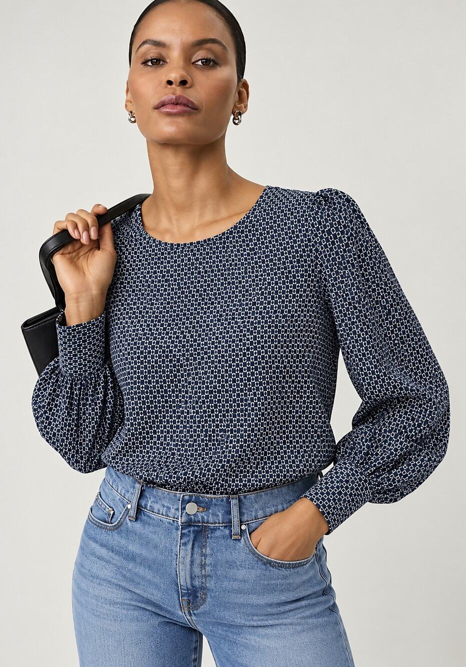 Ann Taylor Geometric Print Puff Sleeve Blouse Navy White Women’s XL
